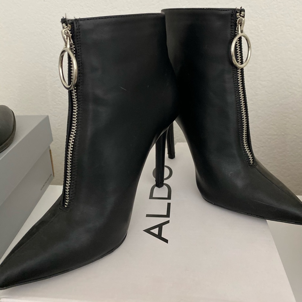 Black pleather booties with front zipper